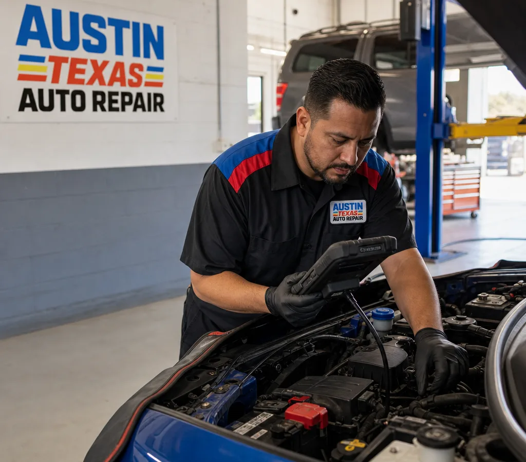 Technician performing a diagnostic scan under the hood in a clean Austin repair bay