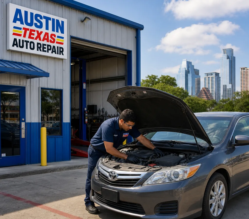 Exterior view of a clean professional Austin auto repair bay with a technician inspecting a late-model sedan
