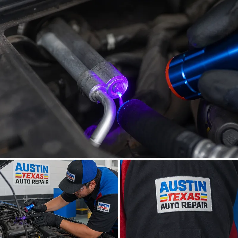 UV dye and blacklight revealing an AC leak at a hose fitting