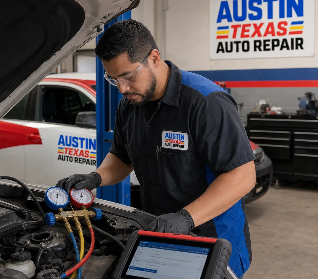 Technician performing an under-hood AC diagnostic with manifold gauges and a scan tool