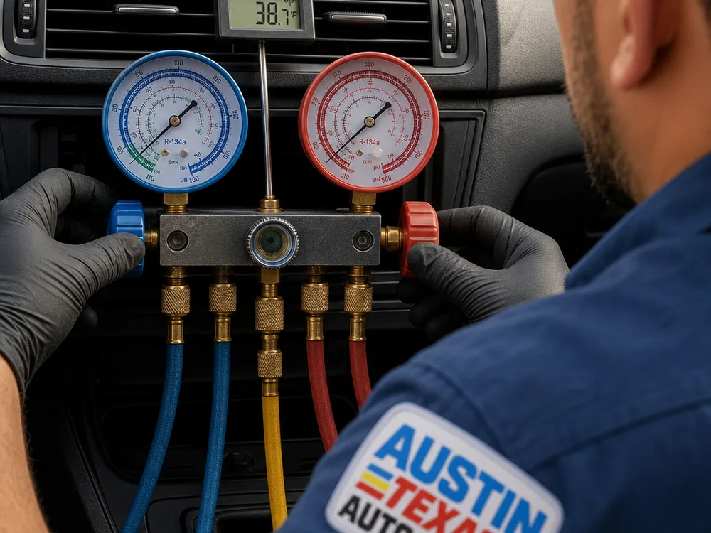 Manifold gauges connected to AC service ports while vent temperature is measured