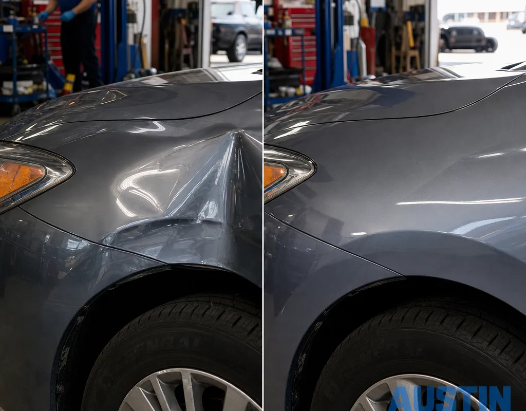 Before-and-after front fender dent and crease corrected with restored body line and blended paint
