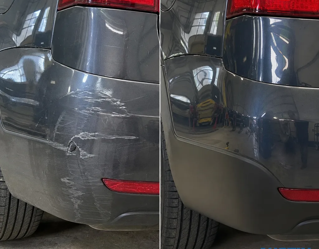 Before-and-after rear bumper corner scrape repaired and repainted with consistent gloss and texture