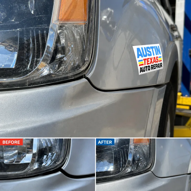 Close-up of even panel gap alignment where a bumper meets a headlight and fender after reassembly