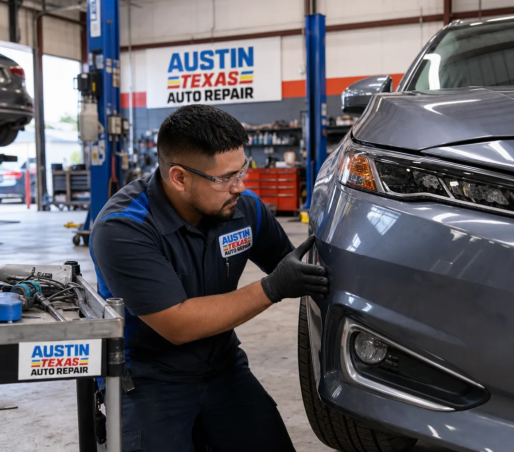 Austin auto body technician aligning a front bumper and checking panel gaps under shop lighting with a modern sedan in the bay