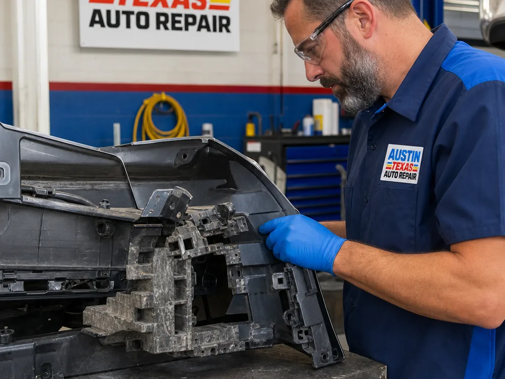 Close-up of a removed bumper cover with damaged absorber and brackets being inspected on a workbench