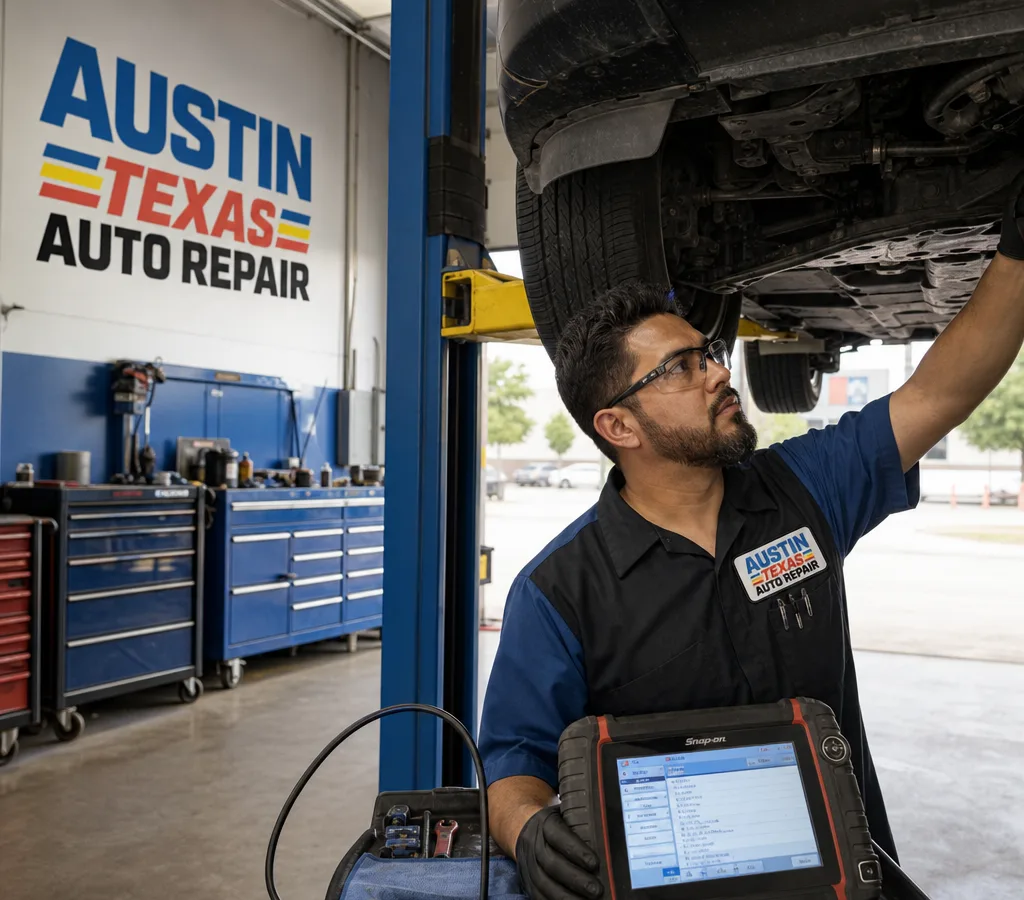 Mechanic inspecting a vehicle on a lift inside a clean Austin repair bay with a diagnostic scan tool visible