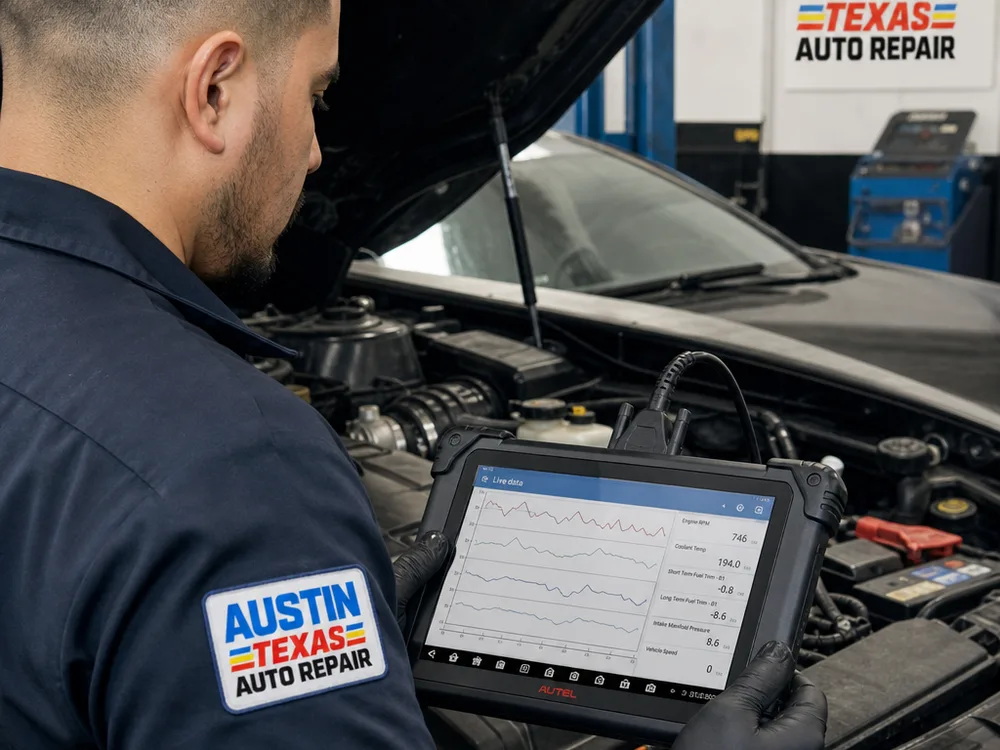 Technician reading live data on an OBD-II scanner tablet connected to a vehicle with the engine bay visible