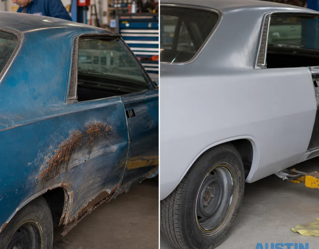 Before-and-after comparison of rust and waviness on a classic-car quarter panel followed by repaired metal in primer