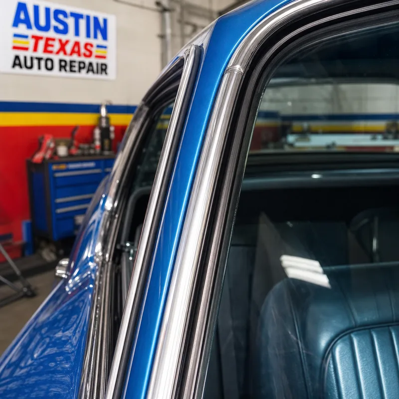 Restored chrome trim and weather seal aligned evenly around a classic-car window