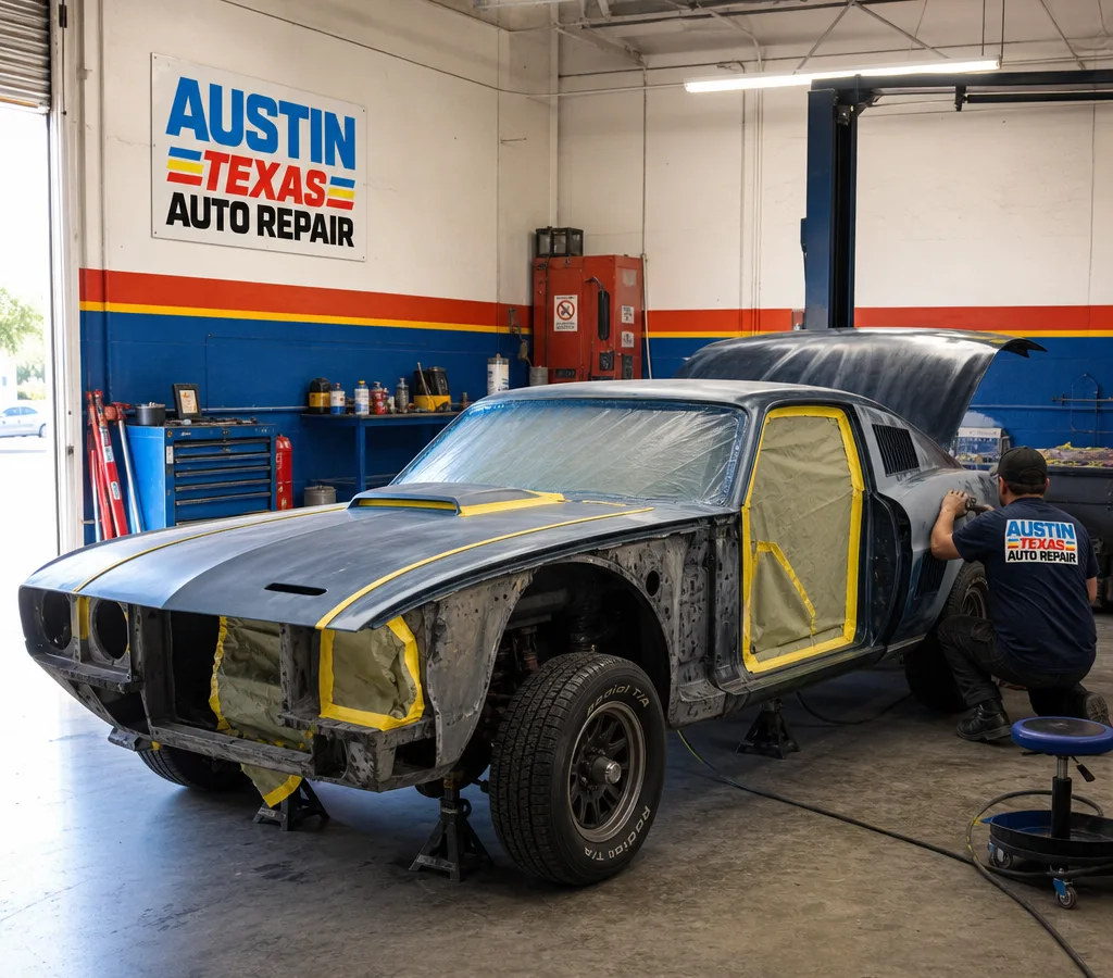 Classic car in a clean shop bay with panels removed and masking in progress during bodywork and paint preparation