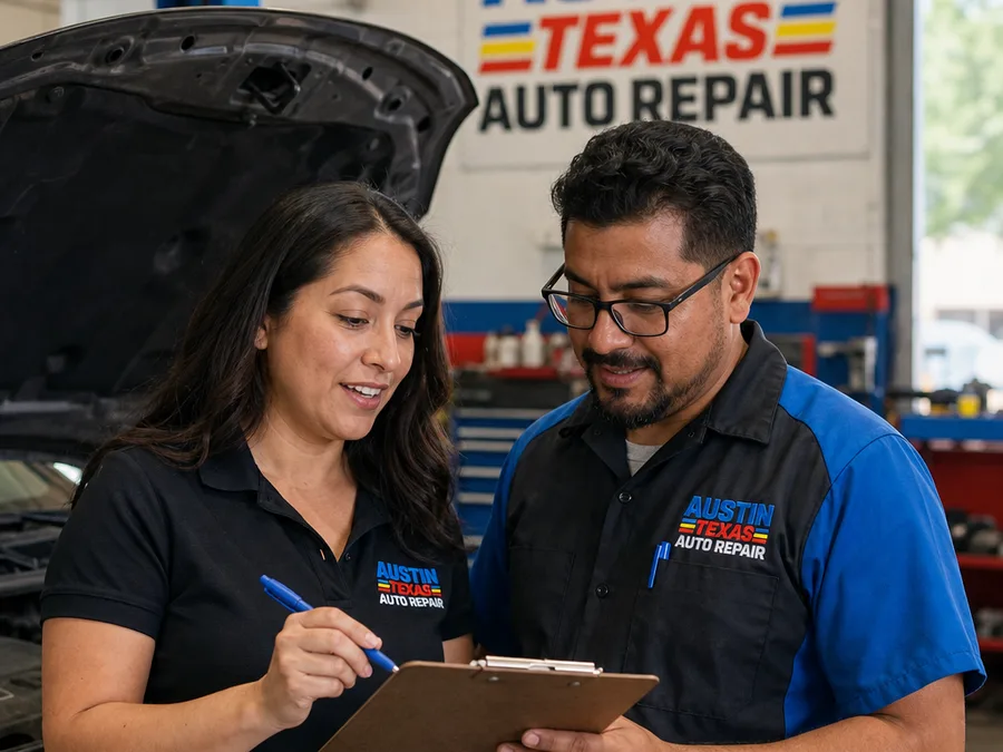 Service advisor and technician reviewing a vehicle inspection checklist