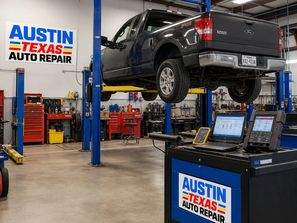 Vehicle raised in an organized Austin auto repair lift bay